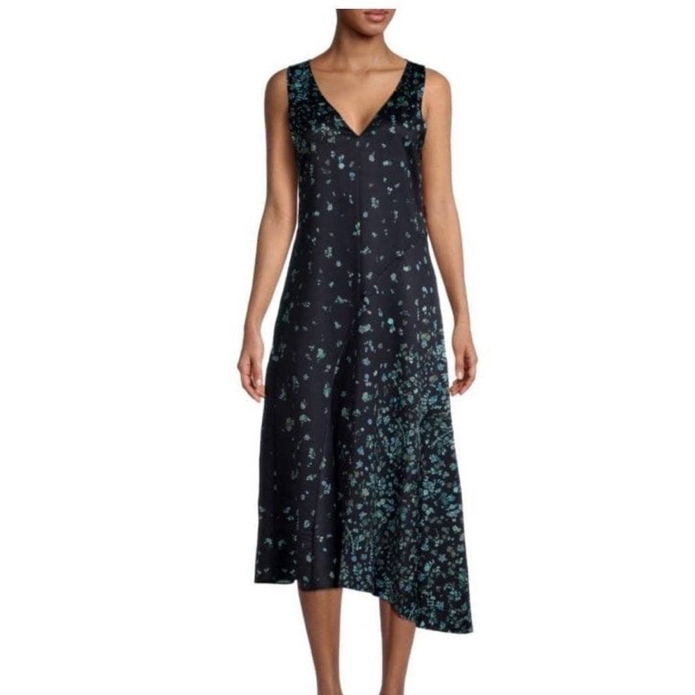 Vince Asymmetrical Navy And Green Sleeveless Floral Midi Dress, Size Xs